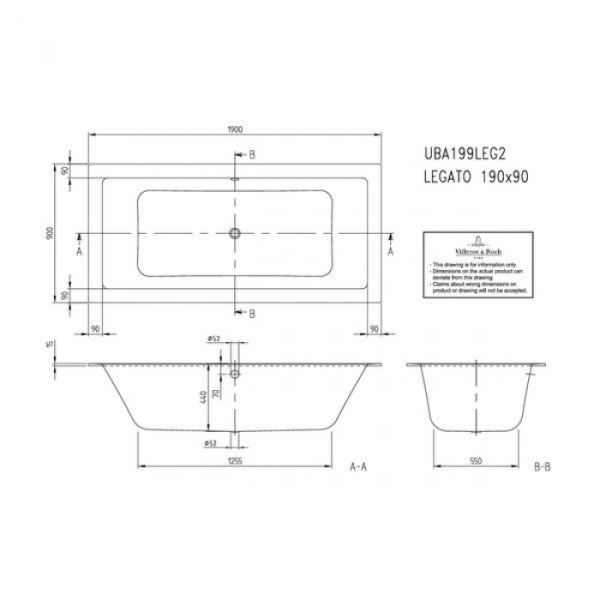 Ванна акриловая Villeroy & Boch Legato UBA199LEG2V-RW 190х90 белый UBA199LEG2V-RW