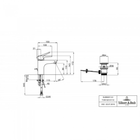Смеситель для раковины Villeroy & Boch Subway 2.0 с донным клапаном TVW10210111061