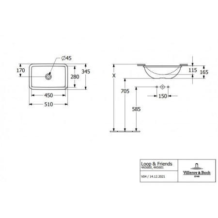 Villeroy & Boch Loop & Friends 4A560001 Встраиваемая раковина 450 mm