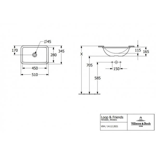 Villeroy & Boch Loop & Friends 4A560001 Встраиваемая раковина 450 mm