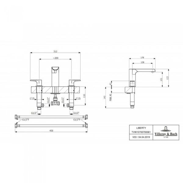 Смеситель для ванны или раковины Villeroy & Boch Liberty двухвентильный TVW10700700061
