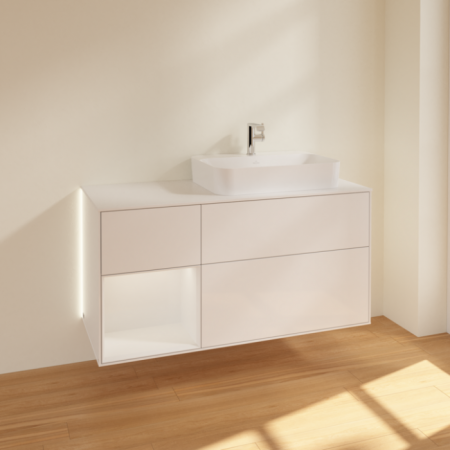 Villeroy & Boch Finion Тумба под раковину, с подсветкой, 3 выдвижных ящика, 1200 x 603 x 501 mm, Glossy White Lacquer / Glossy White Lacquer / Glass White Matt G391GFGF