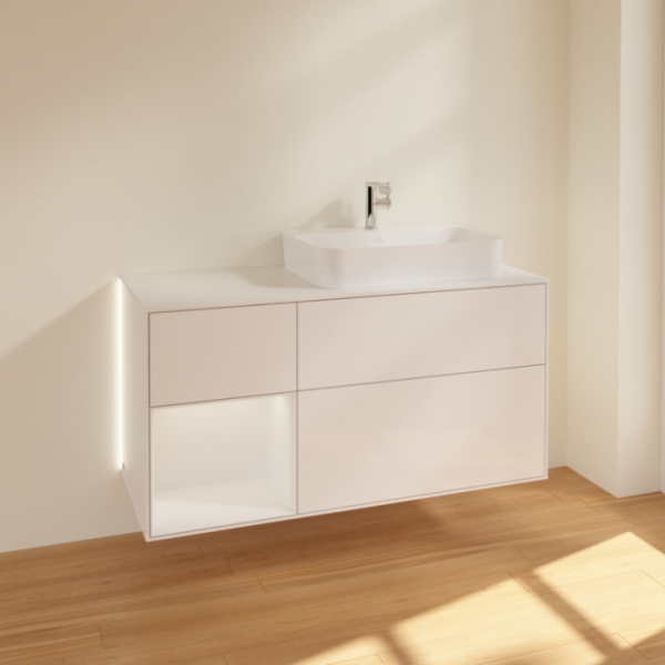 Villeroy & Boch Finion Тумба под раковину, с подсветкой, 3 выдвижных ящика, 1200 x 603 x 501 mm, Glossy White Lacquer / Glossy White Lacquer / Glass White Matt G391GFGF