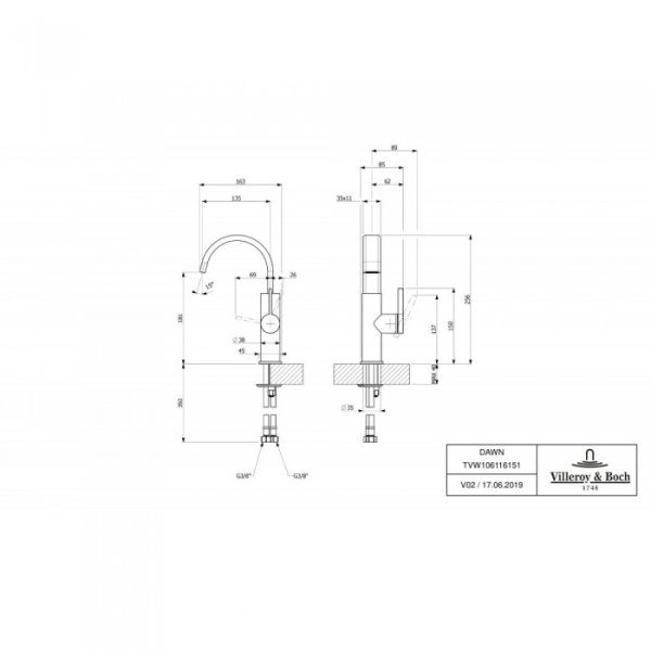 Смеситель для раковины Villeroy & Boch Dawn с боковым рычагом TVW10611615161