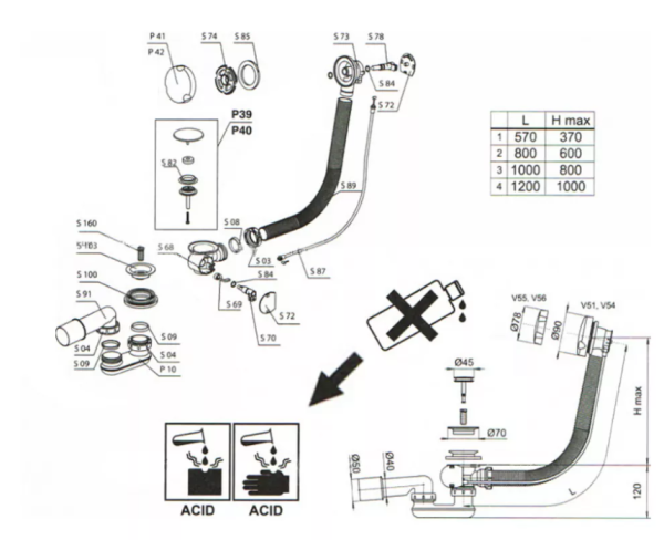 Слив-перелив для ванны Vega V55R (600 мм) ручка латунь хром