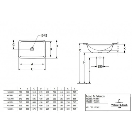 Villeroy & Boch Loop & Friends 4A580001 Встраиваемая раковина 615 mm