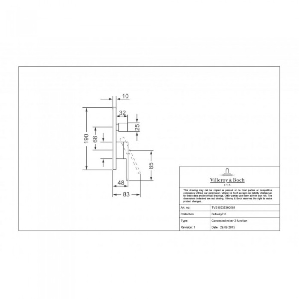 Смеситель для душа встраиваемый на 2 выхода Villeroy & Boch Subway 2.0 однорычажный TVS10235300061