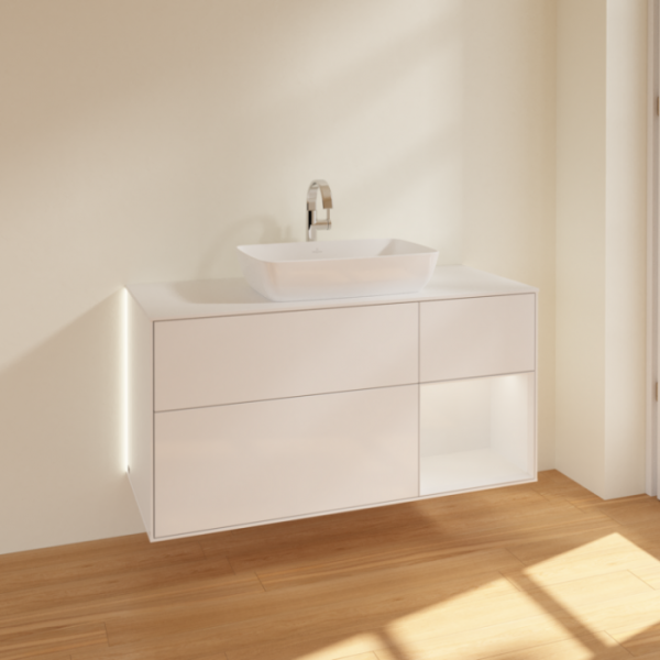 Villeroy & Boch Finion Тумба под раковину, с подсветкой, 3 выдвижных ящика, 1200 x 603 x 501 mm, Glossy White Lacquer / Glossy White Lacquer / Glass White Matt G831GFGF
