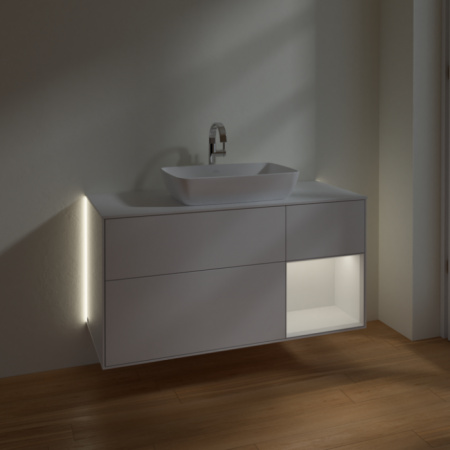 Villeroy & Boch Finion Тумба под раковину, с подсветкой, 3 выдвижных ящика, 1200 x 603 x 501 mm, Glossy White Lacquer / Glossy White Lacquer / Glass White Matt G831GFGF