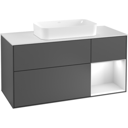 Villeroy & Boch Finion Тумба под раковину, с подсветкой, 3 выдвижных ящика, 1200 x 603 x 501 mm, Silk Grey Matt Lacquer / Silk Grey Matt Lacquer / Glass White Matt G711HJHJ