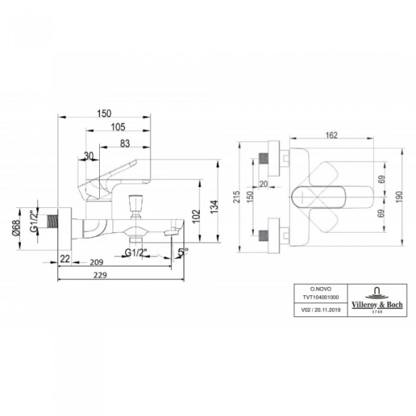 Смеситель для ванны Villeroy & Boch O.novo однорычажный TVT10400100061