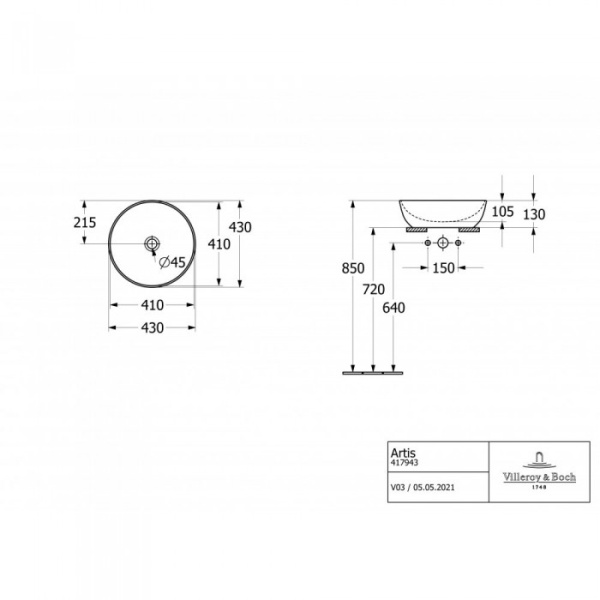 Раковина накладная Villeroy & Boch Artis 43 x 43 см 41794301