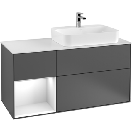 Villeroy & Boch Finion Тумба под раковину, с подсветкой, 3 выдвижных ящика, 1200 x 603 x 501 mm, Glossy White Lacquer / Glossy White Lacquer / Glass White Matt G391GFGF