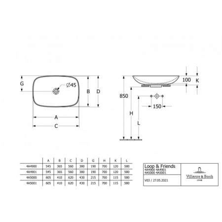 Раковина накладная Villeroy & Boch Loop&Friends 62 x 42 см 4A500001