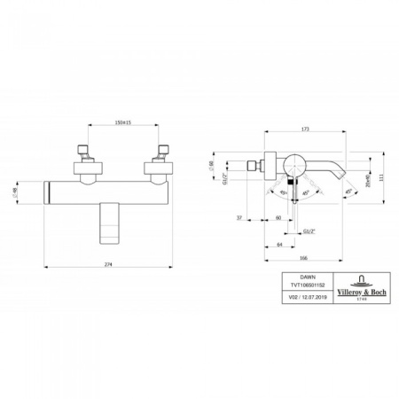 Смеситель для ванны Villeroy & Boch Dawn однорычажный TVT10650115261