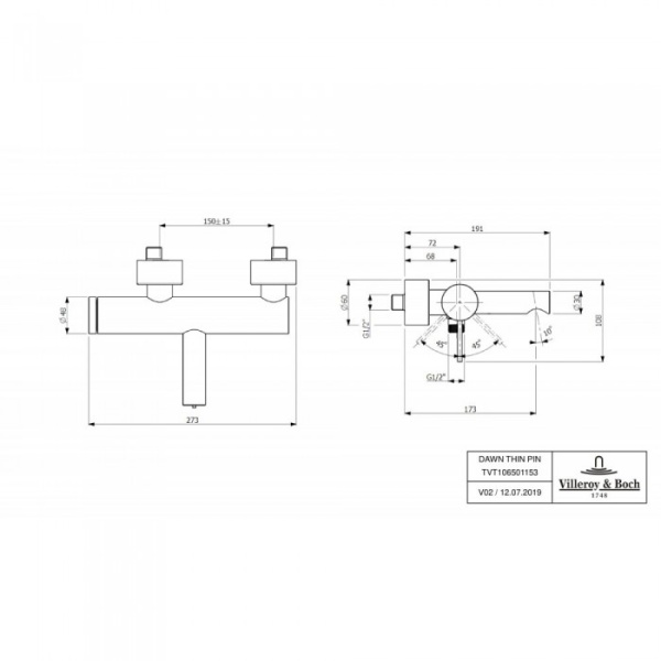 Смеситель для ванны Villeroy & Boch Dawn однорычажный TVT10650115361